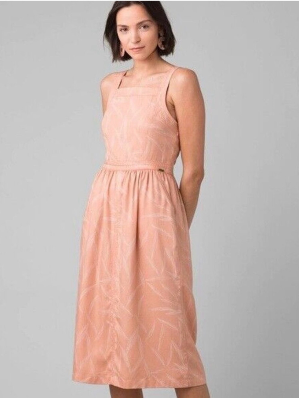 Prana Sun Drifter Sleeveless Midi Dress Peach Apple Blossom‎ Small Leaf Print